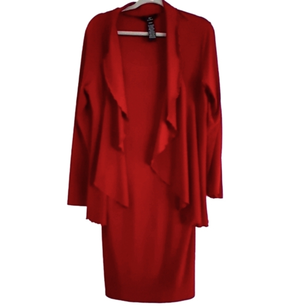 Nina Leonard Lennie Midi Jersey Stretchy Layered/w Waterfall jacket Dress Sz Med